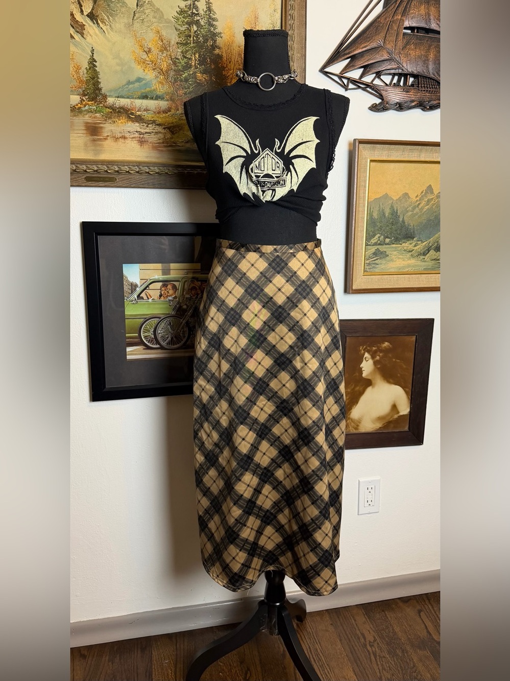 Vintage 90s / Y2K ORIGINS Tartan Plaid  Satin Midi Skirt Made in Canada Size 25